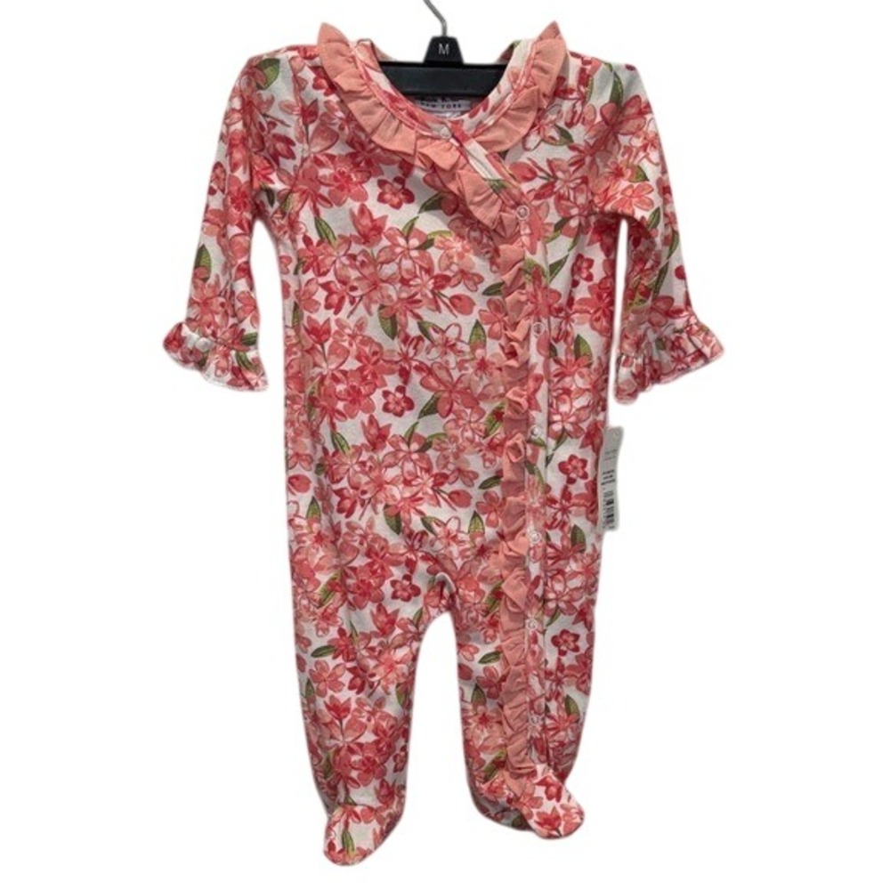 Nicole Miller‎ Floral Ruffle Romper Size 6/9M Pink White Baby Girl Long Sleeve